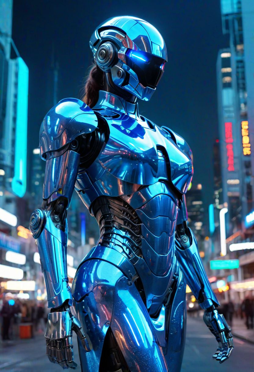 chrome plated armor, holographic blue dress, futuristic technology, dissolving metal, robotic arm removing armor, neon lights, night cityscape in background