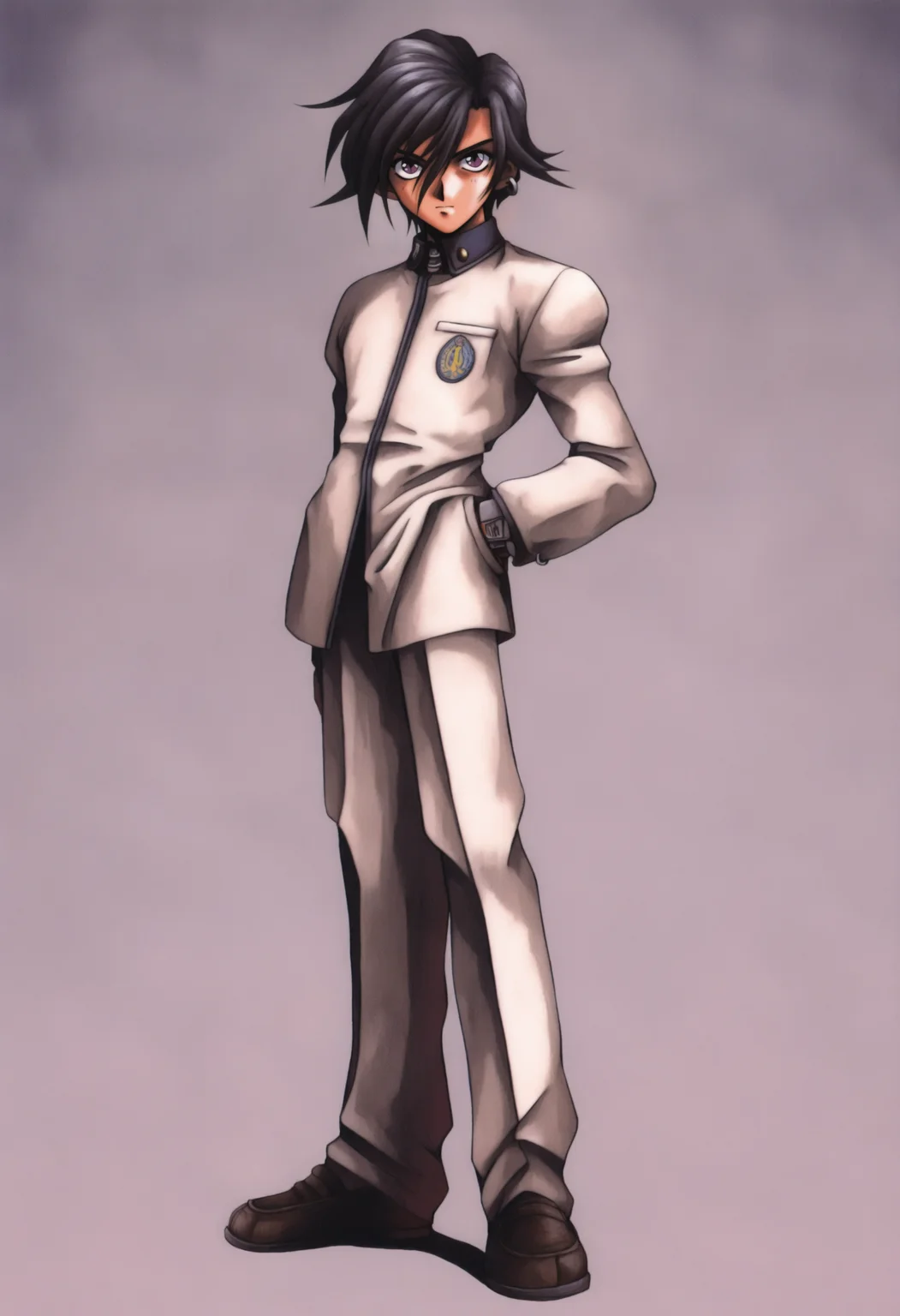 masterpiece, best quality, solo, 1boy, looking at viewer, <lora:FF7-Offical-Art-illus_Fp:1>, 1990s \(style\), simple background, full body, standing,  <lora:Naoya-illus_Fp:1>, naoyap1, black hair, purple eyes, school uniform, hair between eyes, short hair, single earring,