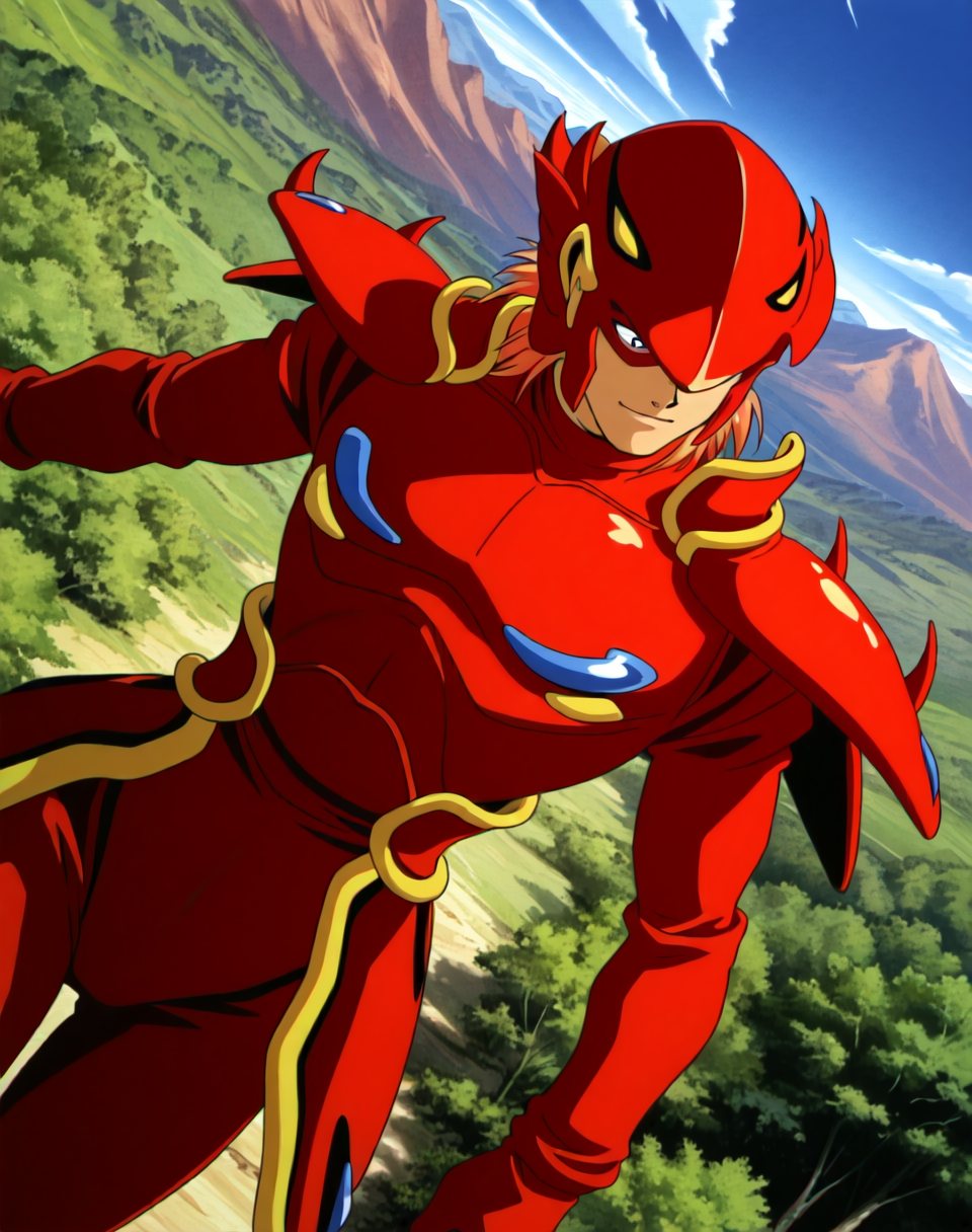 <lora:Mushra_(Shinzo)_(Illustrious)_(AD):1.5> Mushra, phoenix armor, Shinzo, 
exterior, vivid anime blue sky with detailed clouds, mountains, nature, dynamic action, dutch angle, male focus, head turned to side, glossy red armor, brash happy expression, male focus, forward facing, anime from the early 2000s, 
BREAK: lazypos (3),