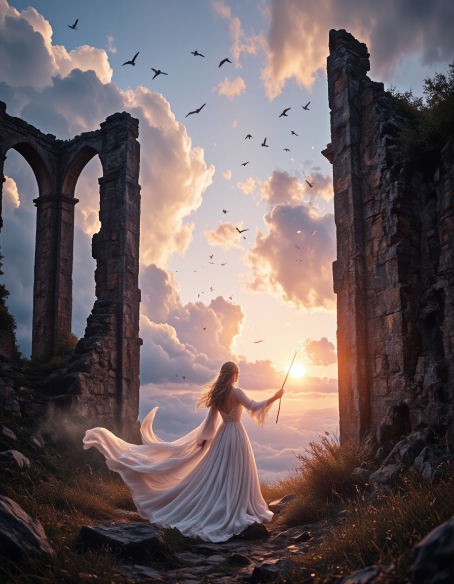 <lora:INWYTK_04flux:1> inwytk04, This photo captures a breathtaking moment filled with ethereal drama and graceful motion. A woman in a flowing white gown stands at the edge of ancient ruins, framed by towering stone arches that hint at a long-lost civilization. Her back is turned toward the viewer, and she appears to be in motionâperhaps dancing or casting a spellâas one arm sweeps outward and the other holds a slender wand or rod aloft.
Her gown billows behind her in a silken wave, echoing the softness of the clouds in the distance. The setting sun on the horizon bathes the entire scene in golden and lavender hues, casting a romantic glow over the crumbling stone and highlighting the elegance of her figure. Birds soar across the sky, adding to the sense of magic and movement.
The juxtaposition of her delicate presence with the rugged texture of the ruins evokes a sense of mystery and powerâlike a sorceress or goddess returning to a sacred site. The overall atmosphere is one of wistful beauty and timeless enchantment, suspended between dusk and dawn, past and future.