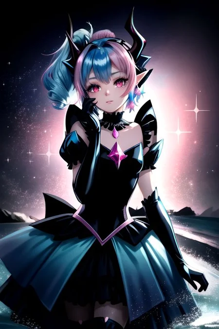 EvlSM, DarkPrecure, Bad_End_Precure, CorruptA, professional image of a cute young woman, (frilly elegant glossy dark holographic dress, crescent brooch, crescent earrings, crescent accessories:1.2),
(blue water dragon horns, blue water dragon tail:1.3), (short hair, side ponytail, hair above cheeks, light blue hair with light pink hairtips, gradient hair, multicolored hair:1.4), red eyes, (small breasts, cute face, pointy ears:1.1), (sparkles, sparkling clothes, sparkles near eyes:1.3),
(intricate aquatic background, underwater, sparkling water, ocean floor, corral reef, bubbles:1.2), 
(ultra wide angle shot, cinematic style, absurdres, incredibly absurdres, huge filesize, extremely detailed, High quality texture, physically-based rendering, Ray tracing, octane render, sharp focus, (8k), (4k), (Masterpiece), (Best Quality), extremely detailed, intricate, hyper detailed, illustration, soft lighting, high resolution, sharp detail,)