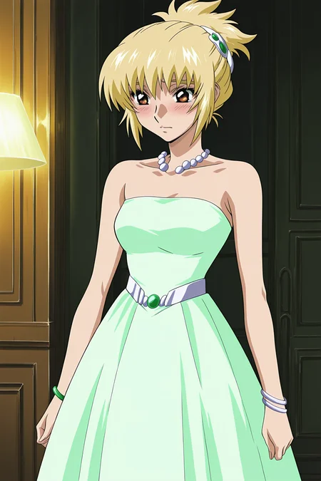 anime screencap, anime coloring, detailed face, masterpiece, best quality, very aesthetic, absurdres, volumetric lighting, official style, amazing quality, ultra detailed, highres, amazing quality, scenery, beautiful detailed hair, beautiful detailed eyes, defined fingers, five fingers,
<lora:StS-Illustrious-Detail-Slider-v1.0:4>
<lora:Cagalli_Yula_Athha_Mobile_Suit_Gundam_SEED:1>
Cagalli elegant dress, Cagalli Yula Athha (character), 1girl, dress, solo, jewelry, blonde hair, brown eyes, blush, bracelet, green dress, strapless, indoors, high heels, hair up, short hair, cowboy shot