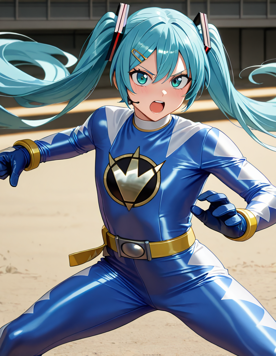 masterpiece, best quality, amazing quality, very aesthetic, absurdres, newest,shiny skin (((anime screenshot:1))), anime coloring, hatsune miku, twintails, blue hair, fighting stance, hairclip looking at viewer, open mouth 1girl , flat chest, Dinotblue, robot, solo, DINBLU bodysuit, DINBLU belt, DINBLU gloves, DINBLU boots, helmetless <lora:Power_Rangers_Dino_Thunder_-_BakuryÅ«_Sentai_Abaranger_13_in_1_pack:0.9>