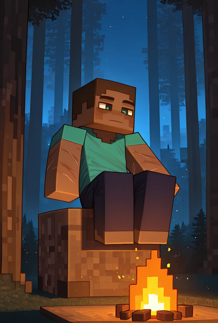 <lora:stevemc-08:1> stevemc, 1boy, male focus, cyan shirt, brown hair, dark-skinned male, dark blue pants, square, square body, square arms,dynamic pose, Minecraft world, sitting near campfire, Minecraft, night time, Side view, forest, trees, scars, masterpiece, best quality, amazing quality, very aesthetic, absurdres, newest,