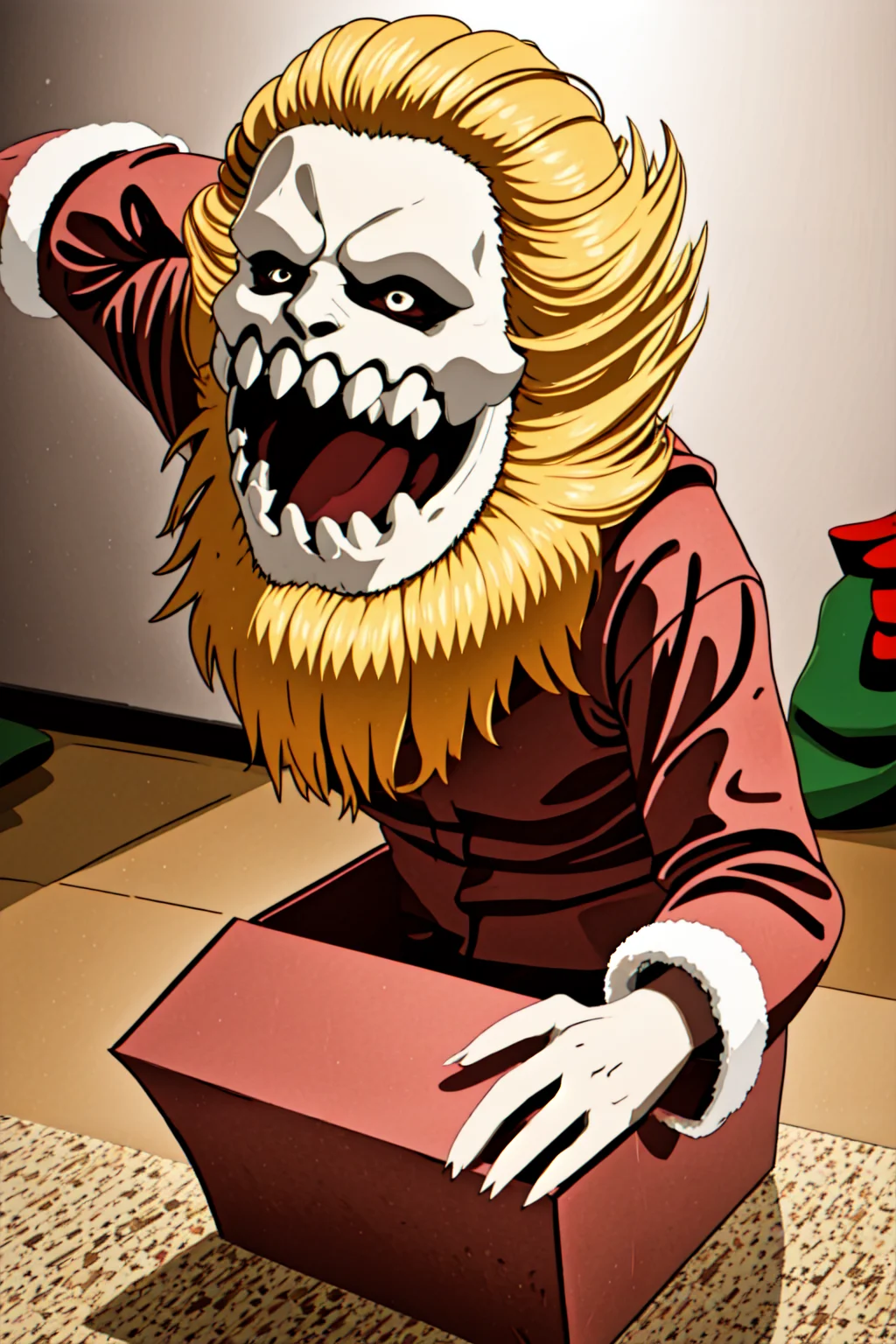 1monster in a gift box, <lora:yomama_surprise_gift_v5-10:0.8>yomama_surprise_gift_v5 <lora:LCM_LoRA_Weights_SD15:1> indoor, Christmas decoration <lora:yomama_jaw_titan-10:0.8> yomama_jaw_titan, open mouth, sharp teeth, blonde hair,