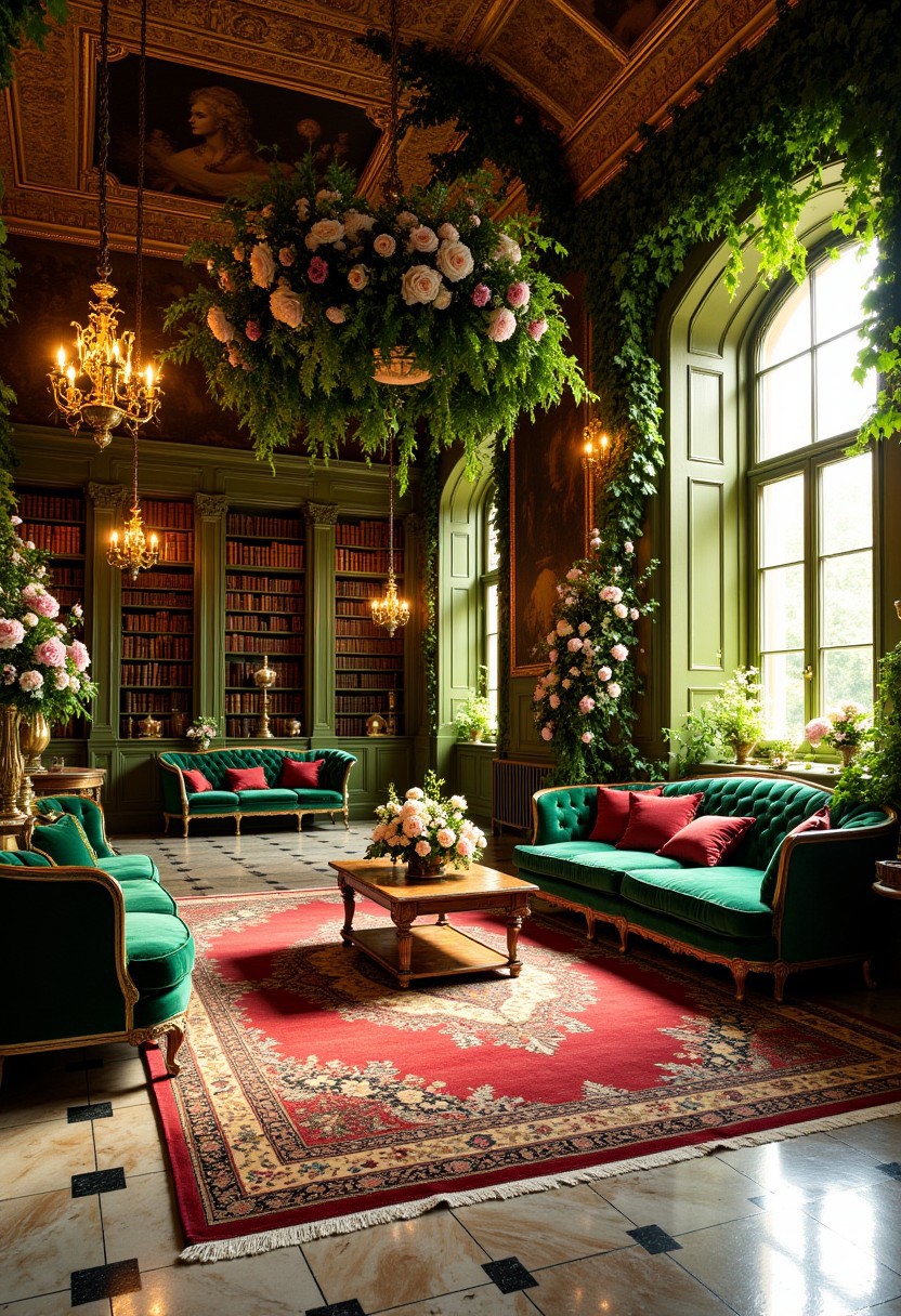 Golden Hour Ballroom with Emerald and Ruby Accents
A grand ballroom bathed in golden-hour light, where emerald-green velvet sofas form a luxurious seating area accented with ruby-red and gold-trimmed pillows. The walls, covered in deep olive-green paneling, house towering bookshelves filled with antique tomes and gilded artifacts. A crimson and gold Persian rug spreads across the marble floor, while ornate brass chandeliers, adorned with hanging ivy and soft amber lights, cast a romantic glow. A massive floral installation of roses, peonies, and ivy vines drapes from the ceiling, bringing a lush, enchanted garden feel to this palatial, golden retreat.