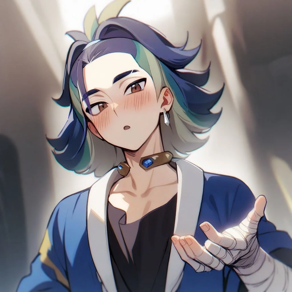 1boy, male focus, brown eyes, multicolored hair, half updo, blue hair, green hair, earring, blue jacket, choker, black shirt, bandaged hand, aesthetic, very aesthetic, absurdres, best quality, solo, :o, blush