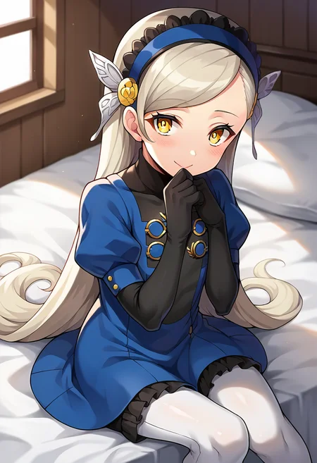 score_9, score_8_up, score_7_up, source_anime, masterpiece, 1girl, ct_l4v3nza, platinum blonde hair, yellow eyes, blue short dress, puffy short sleeves, black elbow gloves, white pantyhose, black bloomers, shiny skin, smile, blush, looking at viewer, indoors, depth of field, sitting, bed, hand on chin,<lora:Lavenza_p5_ct:0.9>