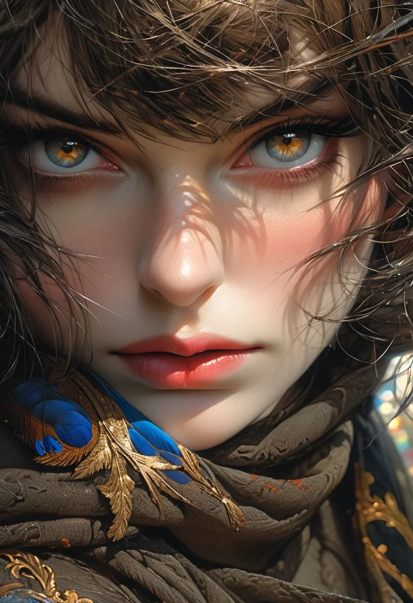 NijiEX style, fine art, intricate, black hair, Big eyes, perfecteyes, steel blue eyes, lighting from behind, bokeh, f1.4, 40mm, photorealistic, raw, 8k, textured skin, intricate details, penetrating gaze, delicate skin, fine details, circle lighting, high contrast:1.2), bokeh, f1.4, 40mm, photo-realistic, raw, 8k, intricate details, a highly detailed studio photograph, overflowing with intricate details, retouched by the masterful hand of David Bellemere, Nobuyoshi Araki, Alessio Albi, Luis Royo, Pinot Daeni, Josephine Wall, Jan Saudek, Hans Bellmer, Guido Argentini, Santiago Caruso, Stefan Gesell, Rebeca Saray, Jean-Baptiste Monge award-winning, dynamic, organic, wide lighting, double exposure, stunning, exquisite, detailed face, irresistible, majestic, attention-grabbing, magnificent, very stylish, beautiful, delightful, mesmerizing, very attractive, juicy, radiant, radiancegilded age, portrait, hero, bard like, renaissance pose, beautiful face, brown hair, epic shot, bronze dress ,armor, velvet cloak, sharp focus, , giovanni boldini, Jeremy Mann, Carne Griffiths, miciangels, Robert Oxley. mucha, raphael, caravaggio, greg rutkowski, beeple, beksinski, Rich, deep colors. Cell-shaded layered image. Beautiful face, perfect anatomy, perfect eyes, detailed eyes, golden ratio, award-winning, professional, highly detailed, centered, symmetry, painted, intricate,