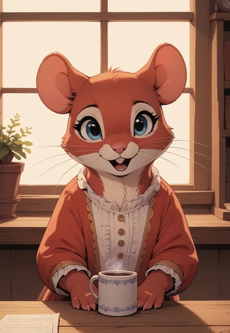 score_9, score_8_up, score_7_up, score_6_up, score_5_up, score_4_up, m0use_maximilla, (((squirrel))), in the style of Beatrix Potter, (red fur, blue eyes), cute, (feral), (furry), open mouth, talking, (solo)
[][][][][]
frilly shirt,
[][][][][]
A weary squirrel woman rests her head on a rustic wooden desk, her fur a rich blend of browns and grays, soft and slightly ruffled. Her large, expressive eyes are half-closed, reflecting exhaustion and a hint of playfulness. Beside her, a chipped ceramic mug of steaming coffee sits, with delicate tendrils of steam rising into the air, adding a touch of warmth to the scene. The desk is cluttered with scattered papers, a few acorns, and a small potted plant, contributing to the cozy, lived-in atmosphere. Soft, golden light filters in from a nearby window, casting gentle shadows and highlighting the contours of her face. Focus solely on her head and shoulders, capturing the nuances of her tired expression, the texture of her fur, and the inviting warmth of the moment.