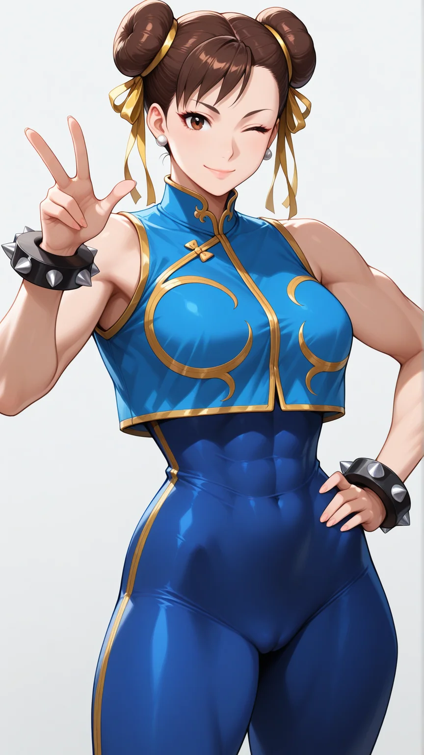 anime coloring, highres, anime screenshot, dramatic lighting, intricate details, masterpiece, best quality, absurdres, depth, ((official style)), realistic, ChunLi_XL, 1girl, solo, breasts, looking at viewer, smile, short hair, simple background, white background, ribbon, closed mouth, jewelry, bare shoulders, medium breasts, standing, hair ribbon, thighs, cowboy shot, sleeveless, hair bun, vest, bracelet, crop top, hands up, lips, v, muscular, covered navel, double bun, bodysuit, abs, skin tight, spikes, toned, yellow ribbon, v, one eye closed, hand on own hip, muscular female, blue vest, w, spiked bracelet, blue bodysuit, covered abs, unitard, studded bracelet, fingernails, thick thighs, biceps, ((huge hips)), ((curvy hips)), wide hips, lips, thick lips, covered pussy, <lora:Chun_Li_XL-14:0.9>