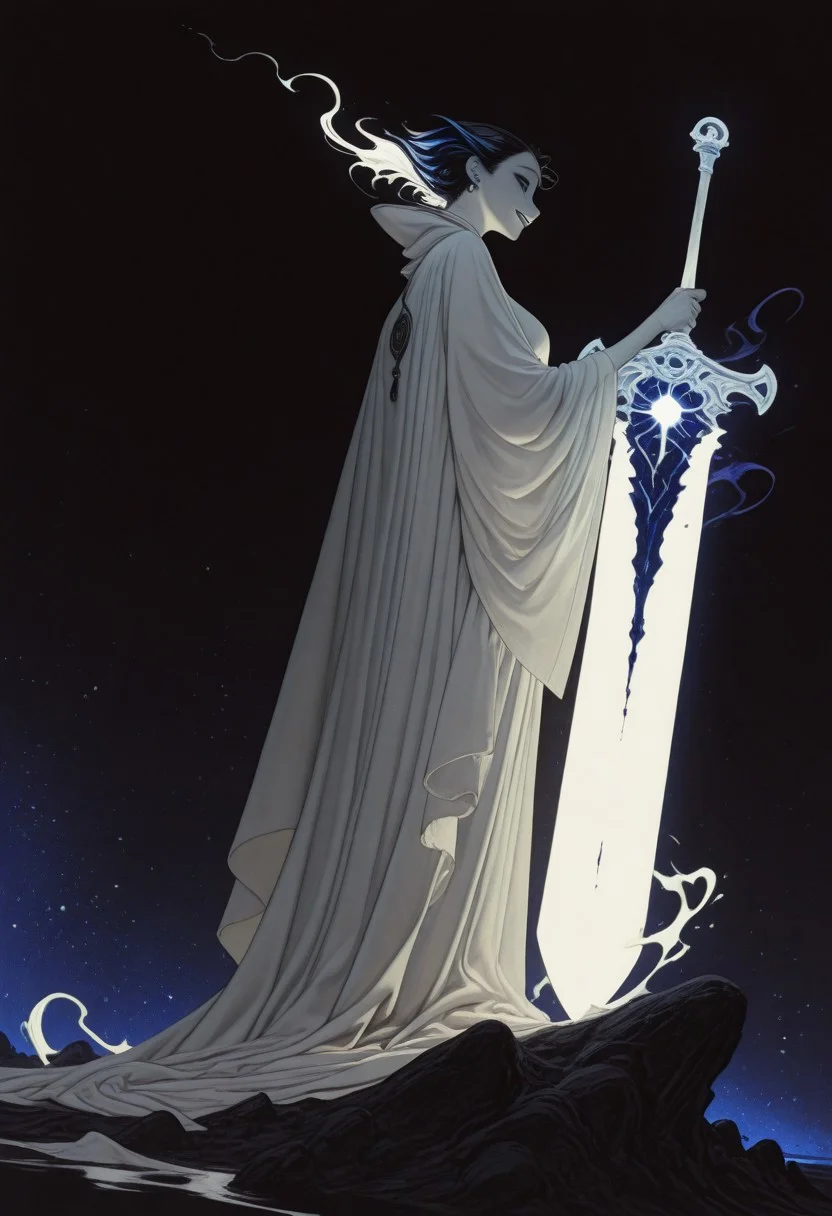 Bright, almost blinding monochrome manga sketch, minimal rough lines, seductive female embodiment of Death, long white robe flowing like liquid light, voluptuous woman, detailed face and hair, robe merging into surrounding glowing void, massive indistinct sword shimmering with unreal radiant energy, face as white void, wicked teasing grin piercing the light with eerie clarity, raw unfinished feel, heavy highlights, stark white contrasts, tense mysterious atmosphere, sketch texture, high contrast ink style, dynamic linework, abstract glowing space, unsettling visual tension, minimalist composition, light fantasy aesthetic, ethereal presence, subtle energy distortion, blinding brightness, 8k resolution, ArtStation trending, award-winning composition. giant sword, huge sword
