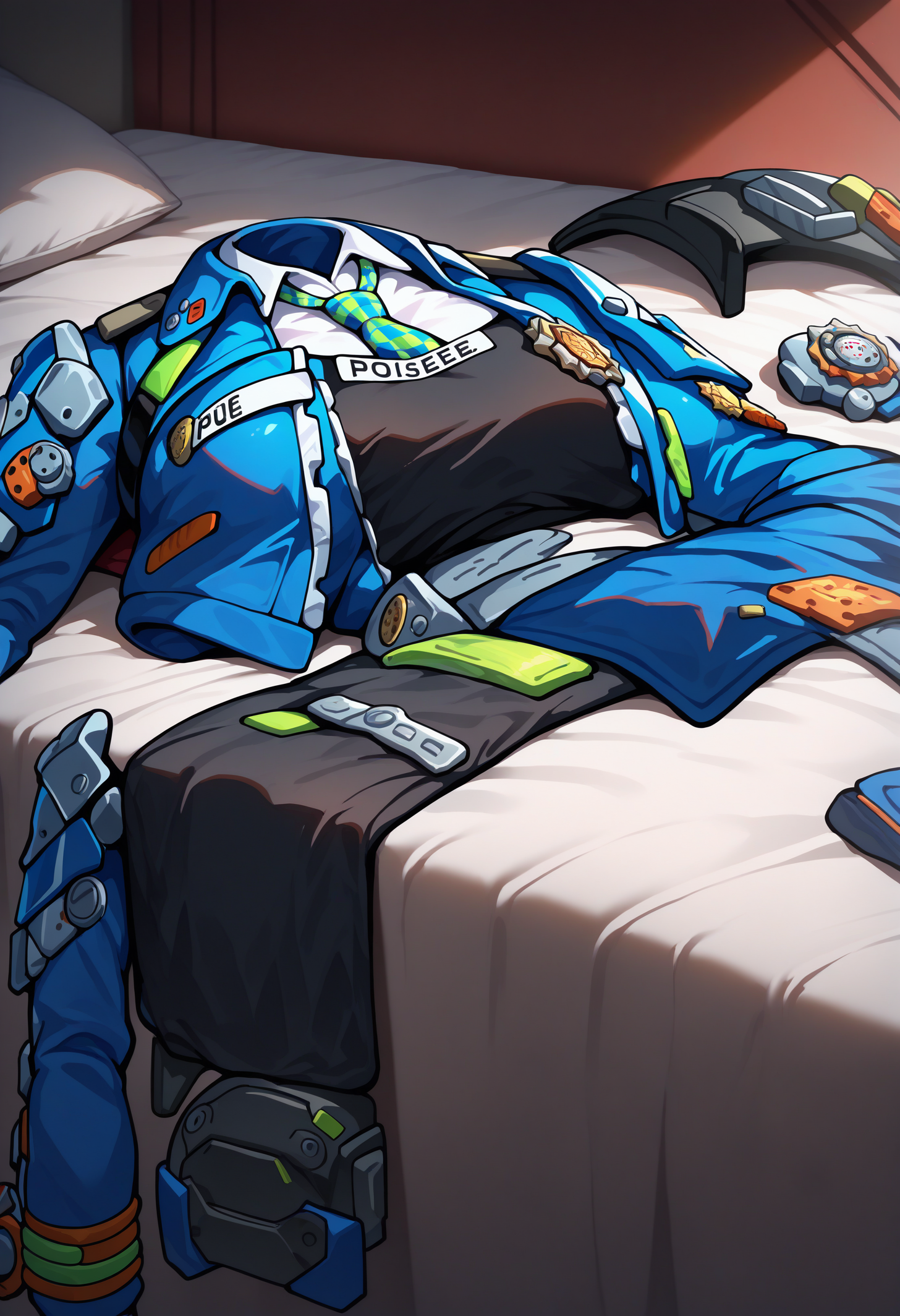 masterpiece, best quality, newest, absurdres, highres, no humans, clothes focus, unworn clothes, scenery, unworn dress, still life, <lora:UnwornClothes_illusXLNoobAI_Incrs_v1:1.2>, bed, messy room, messy, <lora:zzz_zhuyuan_illustriousXL:0.8> zhu yuan, police uniform, blue jacket, cropped jacket, open jacket, long sleeves, black vest, white shirt, collared shirt, checkered necktie, open clothes, wide shot,