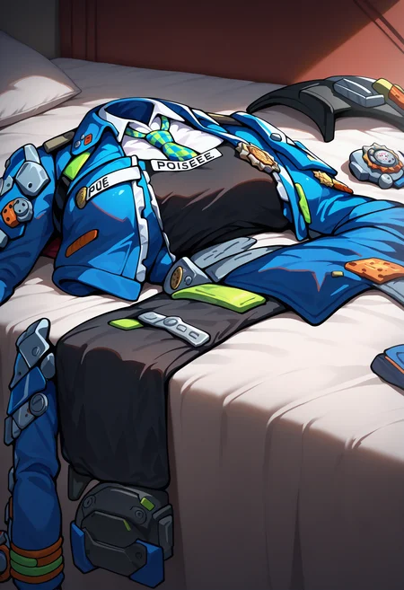 masterpiece, best quality, newest, absurdres, highres, no humans, clothes focus, unworn clothes, scenery, unworn dress, still life, <lora:UnwornClothes_illusXLNoobAI_Incrs_v1:1.2>, bed, messy room, messy, <lora:zzz_zhuyuan_illustriousXL:0.8> zhu yuan, police uniform, blue jacket, cropped jacket, open jacket, long sleeves, black vest, white shirt, collared shirt, checkered necktie, open clothes, wide shot,