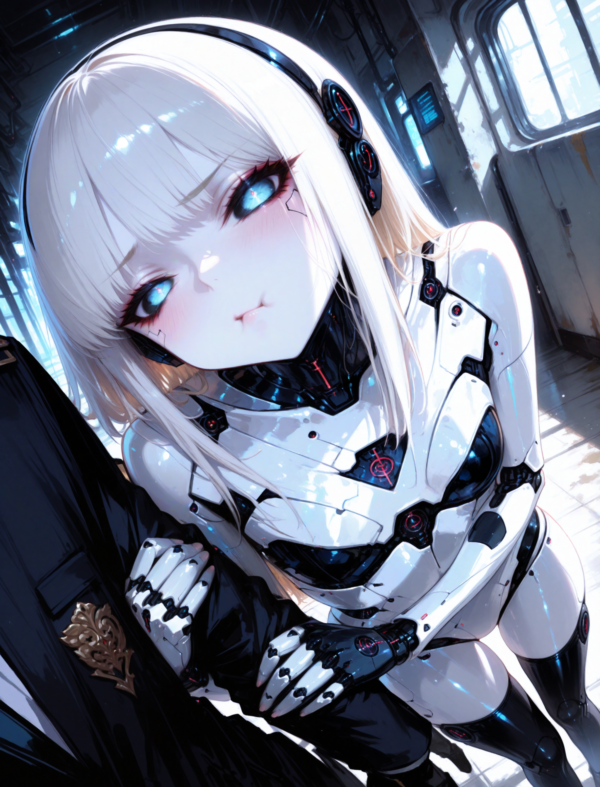 masterpiece, best quality, amazing quality, very aesthetic, absurdres, newest, ambient occlusion, soft lighting, (sexy, cute, seductive), 1girl, android,
<break>
android girl, robot, joints, (white skin:1.3), metal skin, dutch angle, blue eyes, black joints, black cracks, metal black thigh highs, hime-cut hair, high angle, face focus, tilt head, (pout:1.2), hollow pupils, hollow eyes, indoors, arm hug, (cheek plumping:1.1),