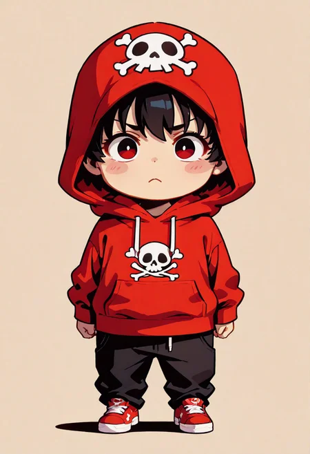 high contrast, masterpiece, best quality, amazing quality, very aesthetic, promotional art, newest, volumetric lighting, hyper detailed.
chibi, 1boy, elementary school, solo, full body, stand up, arms at sides, neutral expression, front view, red hoodies, Jolly Roger, loose pants, black pants, red sneakers, luminescent background, simple background.