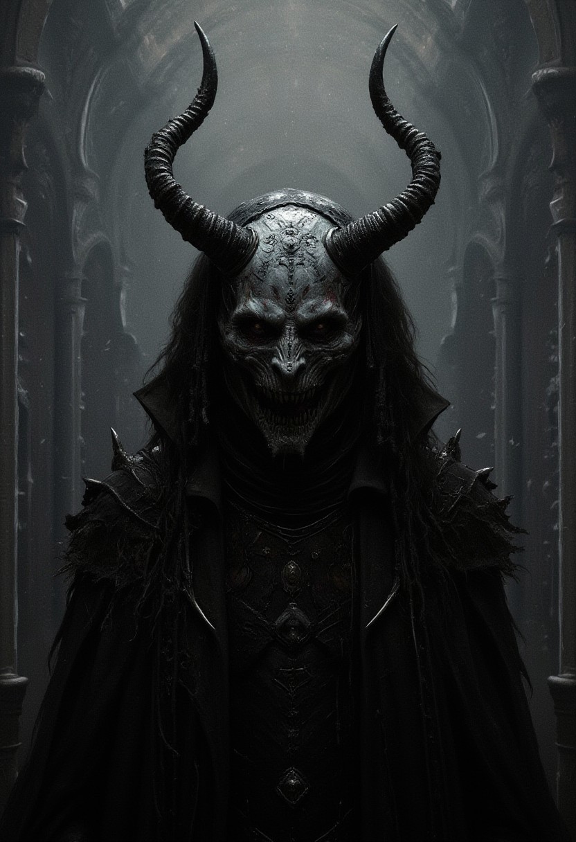 DnD_Grainyboyz,grainy, noise, Dark cyberpunk artwork of THE PROGENITOR OF LUST,a cybernetic mask with horns , Extremely hyper realistic detailed, film grain,