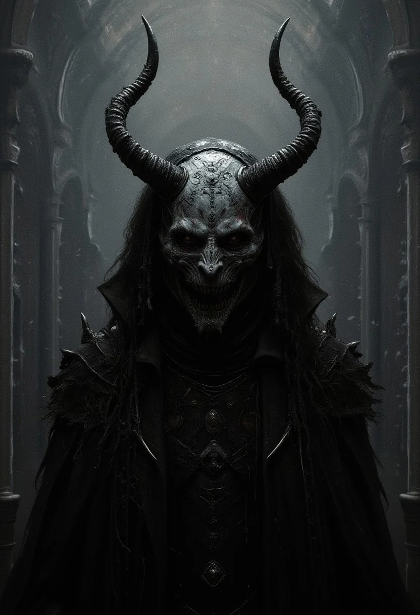 DnD_Grainyboyz,grainy, noise, Dark cyberpunk artwork of THE PROGENITOR OF LUST,a cybernetic mask with horns , Extremely hyper realistic detailed, film grain,