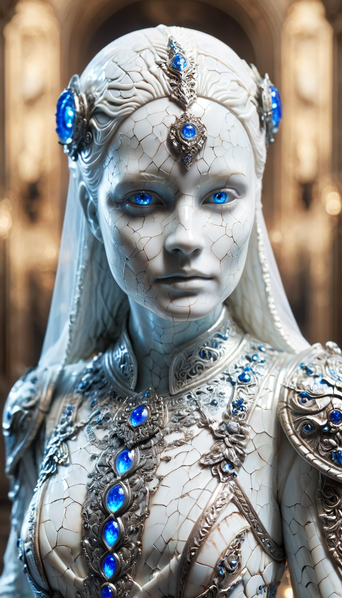 <lora:ral-porcelain-sdxl:1> ral-porcelain,  <lora:xl_more_art-full_v1:0.4>, A humanoid android, covered in white porcelain skin, glowing blue eyes, white wispy ghost wearing ornate armour 4k realistic fantasy, insane details, ghost phantom effect, hyper detailed, photoreal, photography, cinematic lighting, hdr, cinematography, realism, fine art digital, HD, Mark Molnar mystical, redshift rendering, 8k