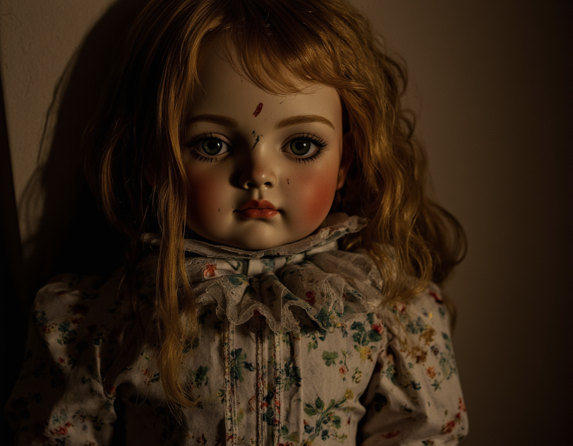 <lora:Staggering:0.85> staggering, Photorealistic haunted doll, porcelain face cracked, vacant stare, antique floral dress faded and torn, cobwebs, dimly lit attic background, dust motes floating, hyperdetailed textures, macro lens, shallow depth of field, golden hour lighting, unsettling, melancholic . 35mm photograph, film, bokeh, professional, 4k, highly detailed