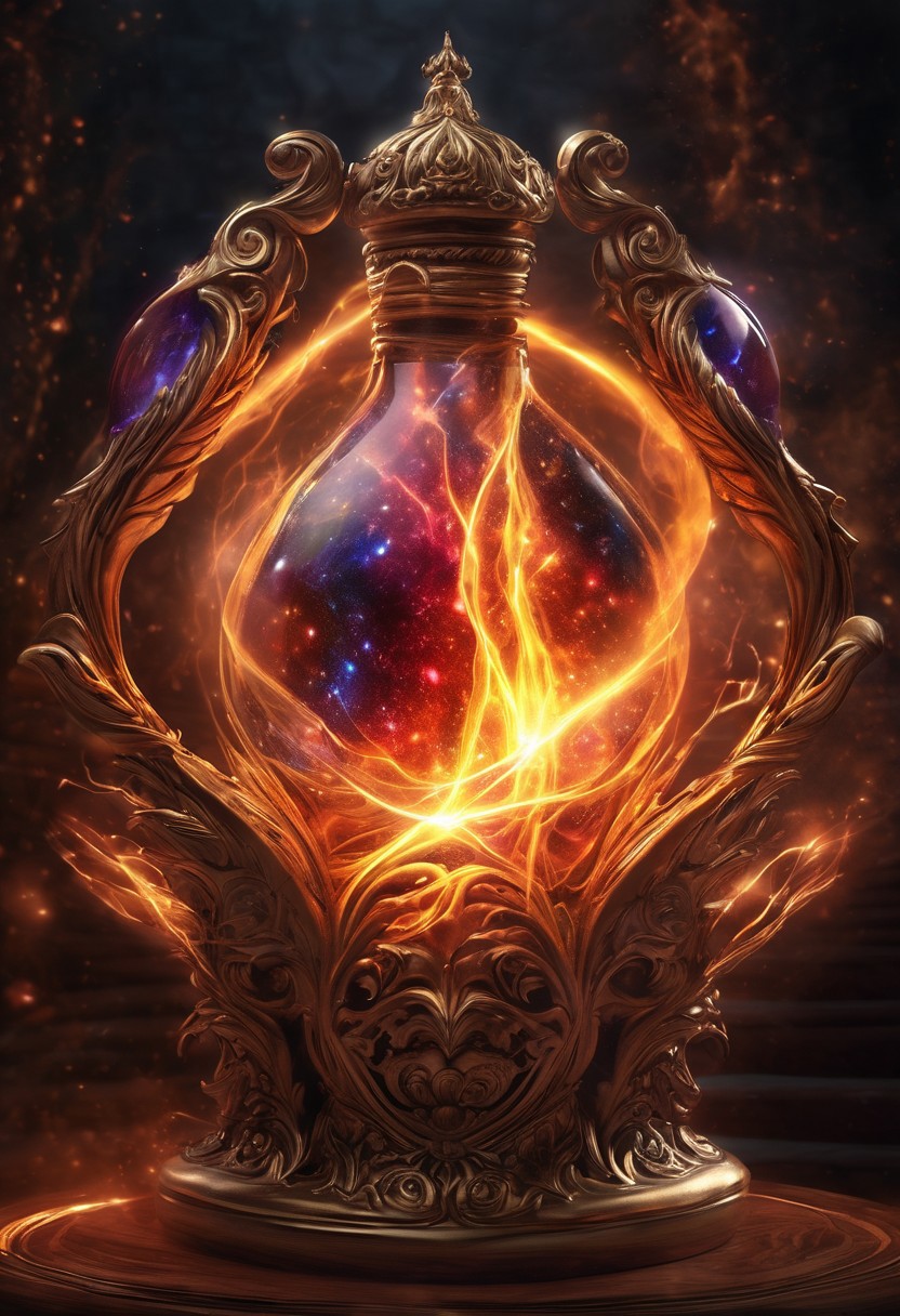 Score_9, Score_8_up, Score_7_up, Score_6_up, Score_5_up, Score_4_up, high_def, highest quality, 4k, best quality, masterpiece, focused, defined, Photorealistic magic potion, intricate glass bottle, elixir, filled with lightning, electric colors, storm colors, ethereal light, flashy lights, magic lights, luminous, dynamic reflections, magical aura, highly detailed, fantasy essence, glowing particles, radiant aura