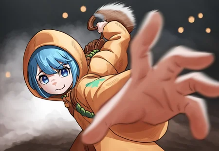 zPDXL3,rating_safe, source_anime, digital media \(artwork\),masterpiece, high quality, best quality,BREAK,solo, luce, upper body, IncrsPunchMeme, incoming punch, motion fur