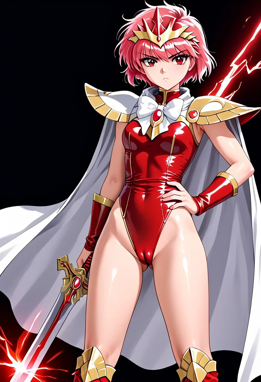 Magic Knight Rayearth, CLAMP art style, [Hikaru Shidou] 1 girl, cute face, serious face, short hair, red hair, pink hair highlights, 1 braid, bow, very long braid, red eyes, slender body, medium breasts, (latex leotard, armor leotard, shoulder pads, white cape, boots), camel toe, standing, hand on waist, holding sword, looking at viewer, scarlet aura, dark background, dark purple clouds, red lightning, light fire, dark lighting, scary atmosphere