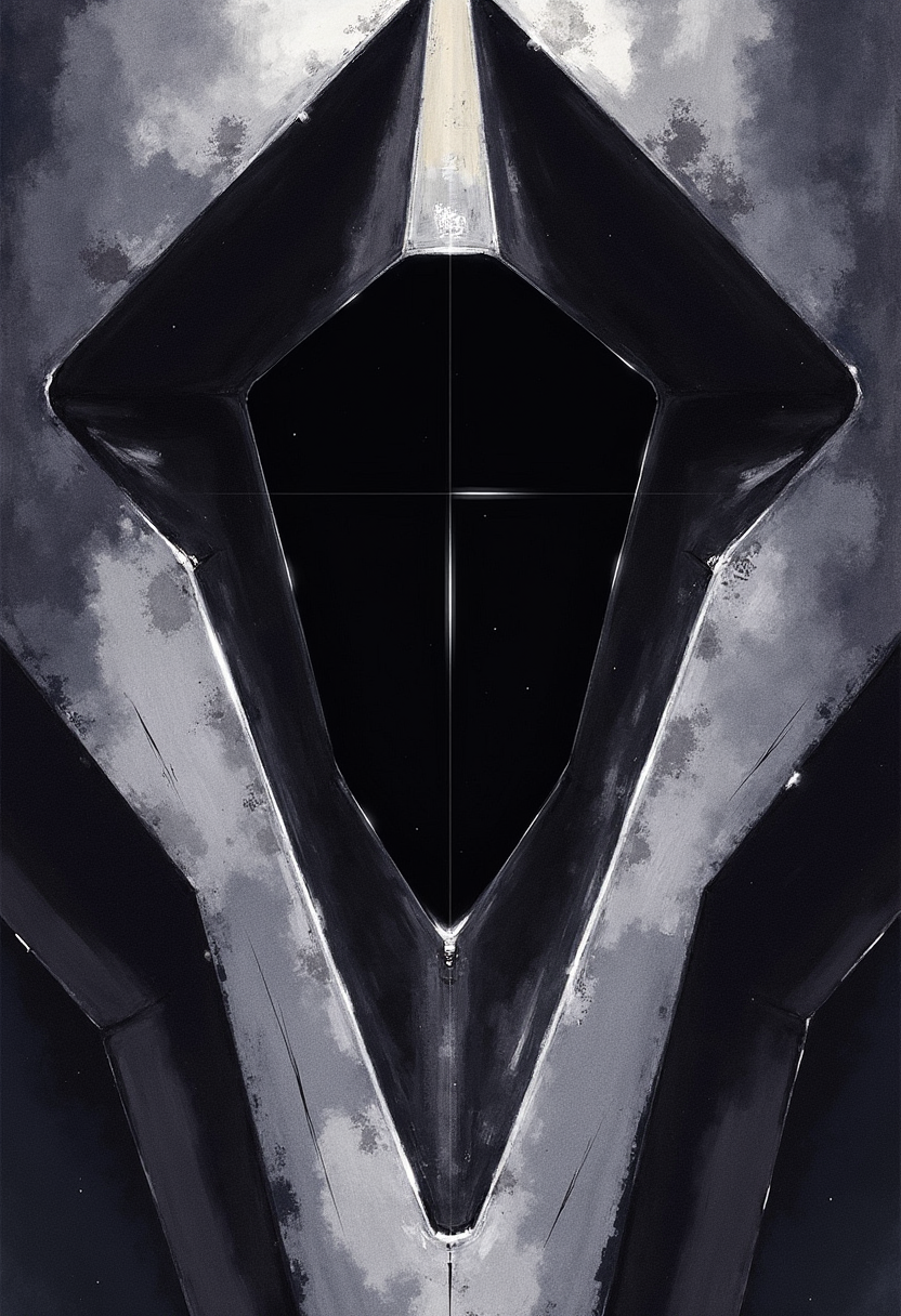 yfg-srs This is a highly detailed, surrealistic watercolor painting of an abstract, surreal, oppressive, terror, dim lighting, pitch black, high contrast, moody, metallic angular shapes, geometric, right angles, lifeless void.
