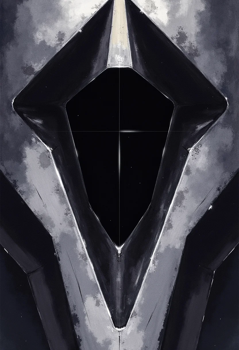 yfg-srs This is a highly detailed, surrealistic watercolor painting of an abstract, surreal, oppressive, terror, dim lighting, pitch black, high contrast, moody, metallic angular shapes, geometric, right angles, lifeless void.