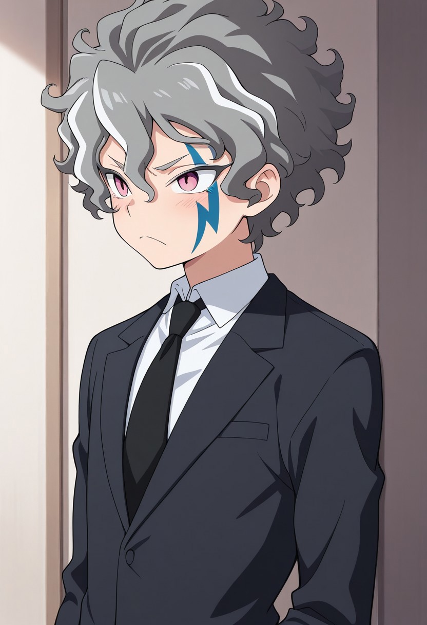 masterpiece,best quality,amazing quality, source_anime,
KiraHiroto, 1boy, male focus, solo, pink eyes, grey hair, facial tattoo, shirt, white shirt, collared shirt, black necktie, black jacket, frown,
indoor,