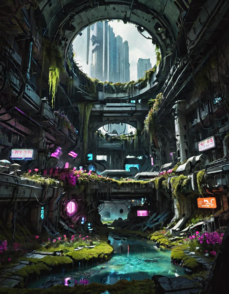 <lora:SWL_Underground1xlb:1.0> swlu1, cyberpunk, underground, futuristic, abandoned, image24, photo of underground sci-fi ruin, circular skylight, futuristic overgrown city, cinematic lighting, glowing turquoise river, lush flowers, pink and magenta flora, moss-covered walkways, cyberpunk decay, bioluminescent vines, sunbeams through ruins, high contrast, post-apocalyptic ecosystem, industrial nature blend, dreamy atmosphere, nature reclaims tech,