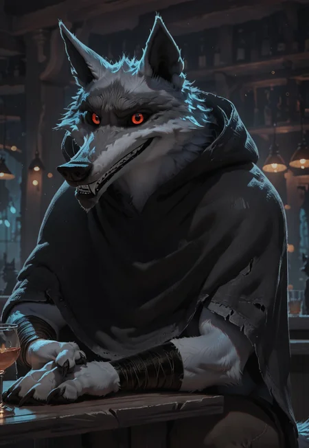 score_9, score_8_up, score_7_up, score_6_up, score_5_up, score_4_up, source_furry, hi res, inside bar, bokeh, night, dark, concept art, realistic, close up, solo, Deathwolf, Wolf, Black Sclera, Red Eyes, Black Hooded Cloak, Brown Pants, Arm Bandages, Leg Bandages, White Fur, anthro, male, looking atviewer, grin