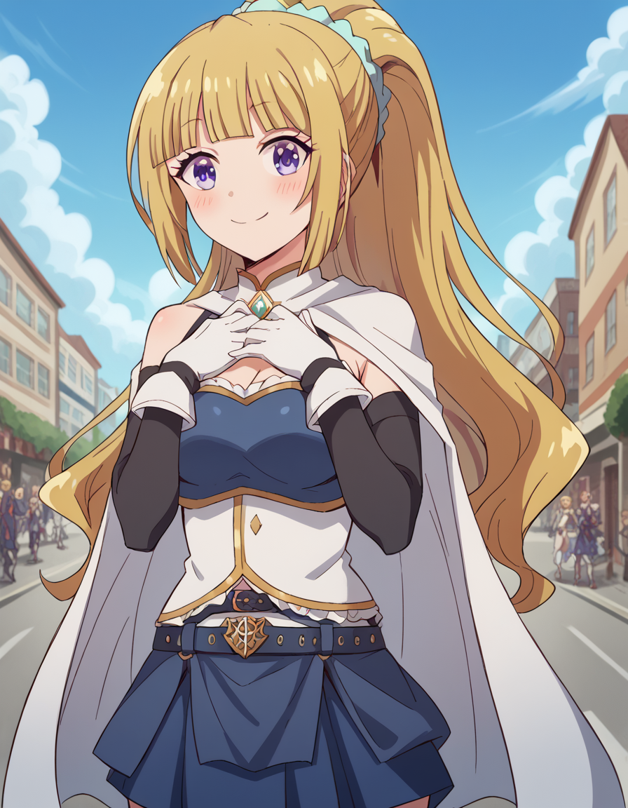 score_9, score_8_up, score_7_up, source_anime, keikaruizawa, <lora:kei-karuizawa-anime-s2-ponyxl-lora-nochekaiser:1>, kei karuizawa, long hair, bangs, blunt bangs, purple eyes, blonde hair, hair ornament, ponytail, scrunchie, blue scrunchie, medium breasts,, <lora:miki-sayaka-cosplay-ponyxl-lora-nochekaiser:1>, miki sayaka cosplay, miki sayaka (cosplay), belt, black sleeves, blue skirt, cape, cosplay, dress, gloves, gem, skirt, sleeveless, sleeveless dress, white cape, white gloves,, streets, outdoors, smile, blush, hands on own chest, cowboy shot, looking at viewer,
