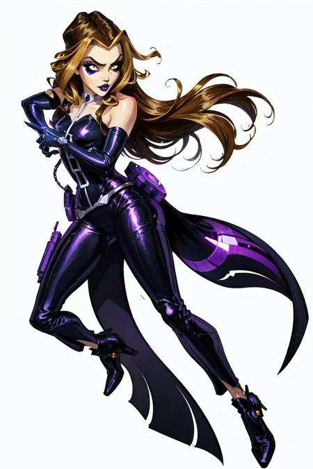 (Darcy), yellow eyes, brown hair with blonde strips, very long hair, (WitchOutfit), (makeup, purple lips, purple bodysuit, sleeveless), (white background, solid white background:1.5), (realistic:1.2), (masterpiece:1.2), (full-body-shot:1),(Cowboy-shot:1.2), cyberpunk background, steampunk, neon lighting, dark romantic lighting, (highly detailed:1.2),(detailed face:1.2), (gradients), colorful, detailed eyes, (detailed landscape:1.2), (natural lighting:1.2),(detailed background),detailed landscape, (neutral standing pose:1.2), close shot, solo, <lora:WinxClubDarcy-10:0.9> <lora:add_detail:0.3> <lora:hipoly3DModelLora_v10:0.05> <lora:RSERomantic_RSESofiko_RSEEmma-v1:0.1> <lora:BeautifulEyes:0.6>