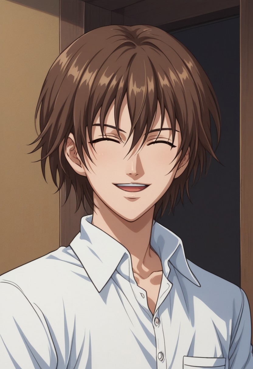 safe_pos, score_9, score_8_up, score_7_up, source_anime, highly detailed, 

shusuke, 1boy, male focus, solo, brown hair, hair between eyes, closed eyes, open mouth, smile, school uniform, shirt, collared shirt, short sleeves, breast pocket, upper body,

indoor, 