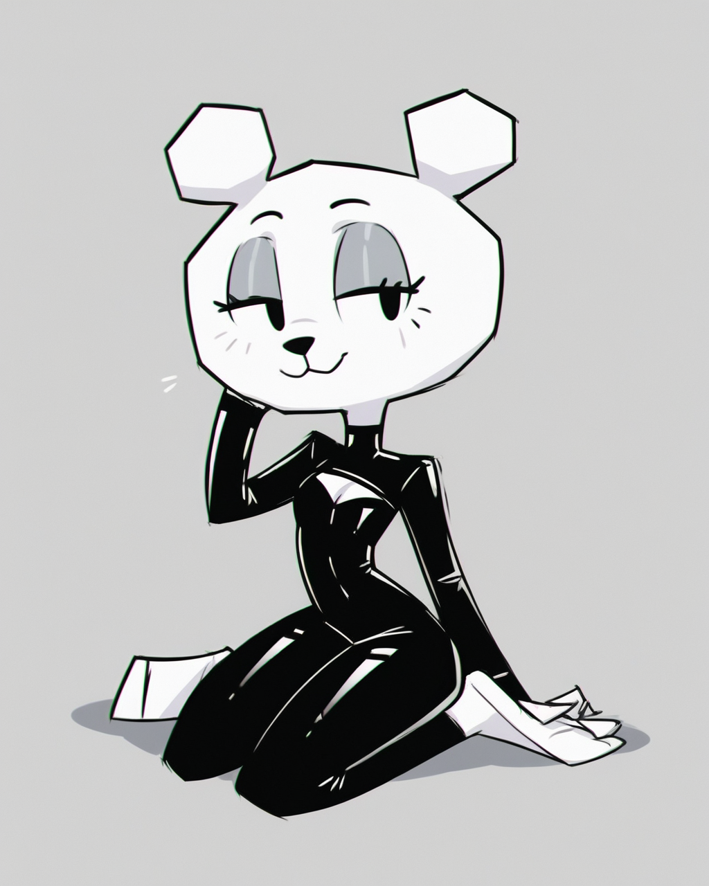 score_9, score_8_up, 1girl, Teri, anthro, animal ears, white fur, black eyes, petite, sexy pose, latex bodysuit, feet, half closed eyes, seductive smile, zPDXL3, <lora:Teri_PDXL:1>