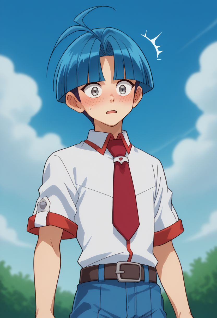 score_9, score_8_up, score_7_up, source_anime, highly detailed, 
caswell, 1boy, male focus, solo, blue hair, necktie, ahoge, red necktie, grey eyes, belt, shirt, school uniform, bangs,  blue pants, pants, white shirt, blush, surprised, parody,
outdoor, sky, upper body,