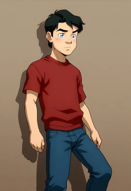 High Quality,  Billy batson,  solo, 1boy, black hair, blue eyes, red tshirt, bluejeans, young, small body.