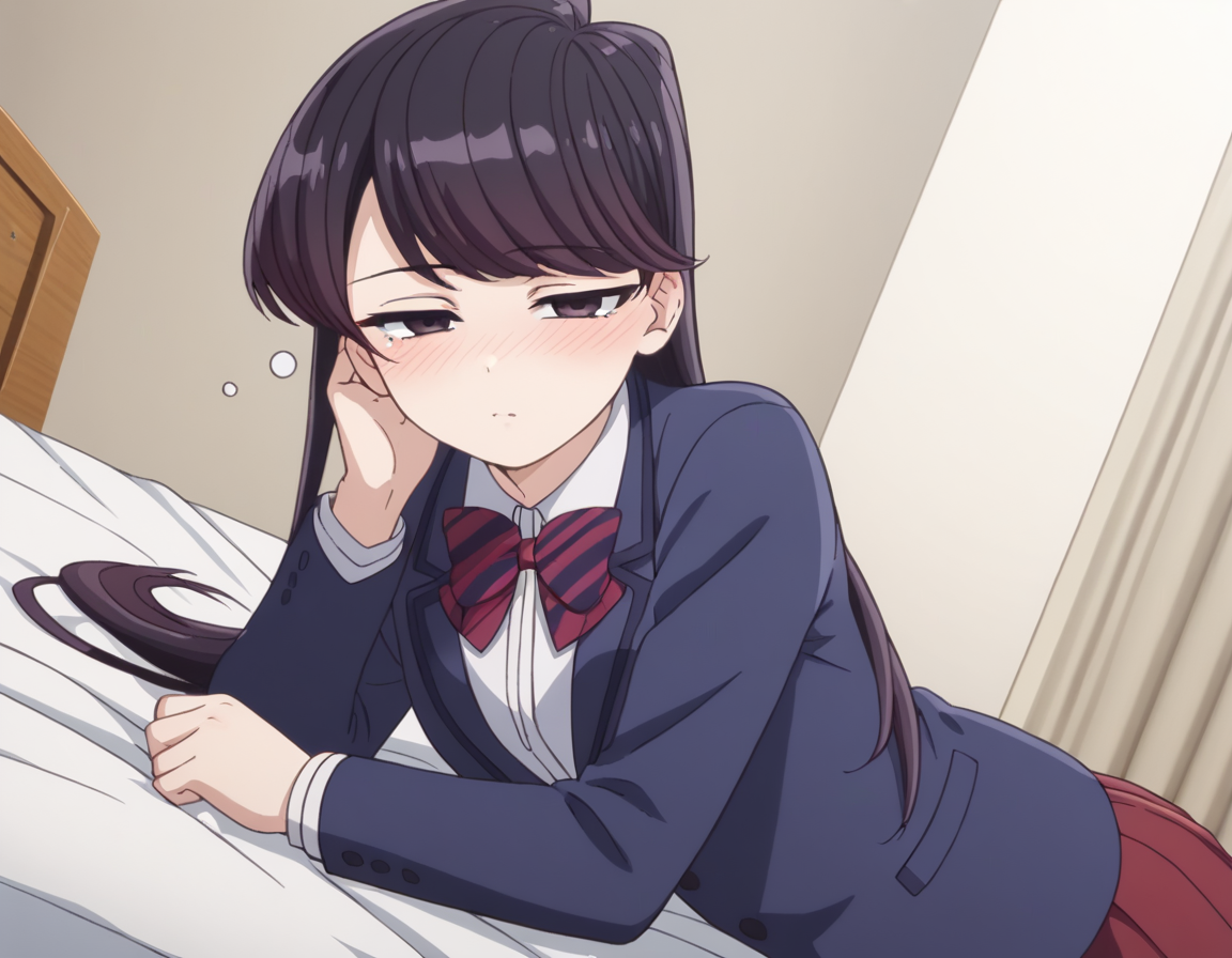 score_9, score_8_up, score_7_up, source_anime,
shoukokomi, <lora:shouko-komi-s1s2-ponyxl-lora-nochekaiser:1>,
shouko komi, long hair, bangs, black hair, black eyes, half-closed eyes,
skirt, shirt, long sleeves, bow, school uniform, jacket, white shirt, pantyhose, pleated skirt, striped, collared shirt, bowtie, red skirt, blazer, blue jacket, striped bow, striped bowtie,
indoors, bed, bed room, on side, blush, drunk,
looking at viewer, cowboy shot, dutch angle, solo,