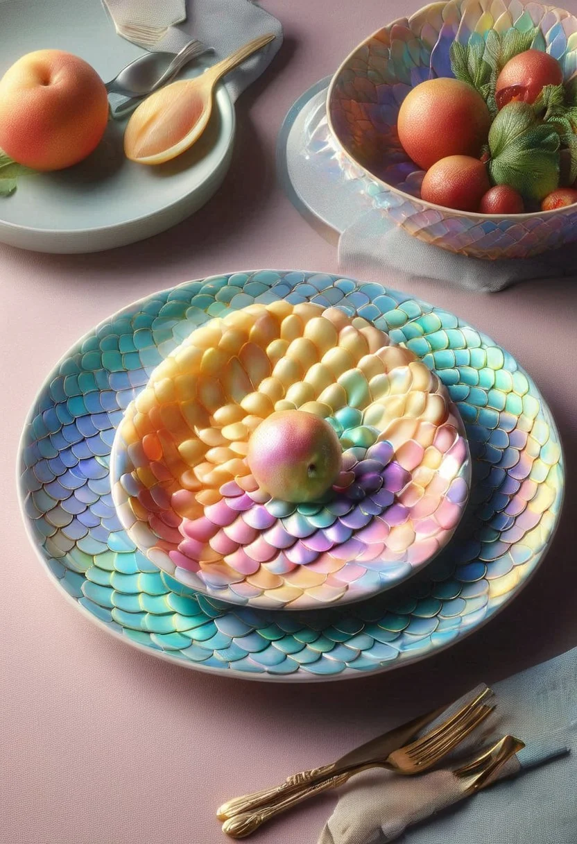 forbidden fruit, p1nk1r1sc4l3s, masterpiece, high quality, made out of iridescent scales, table, plate, spoon, fork, restaurant, warm light,