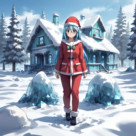 best quality, highres, high resolution, score_9, score_8_up, score_7_up, score_6_up, score_5_up, score_4_up, 1 female, aqua is wearing Santa outfit, her outfit is made of snow crystals, (Aqua_(Konosuba):1), fr0stwrld, snow, ice, <lora:Fr0stWrld-v10:1.2> , <lora:Aqua Pony:1> ,full body, front yard of a house in snow forest, snow background, standing , anime pose, trickster face