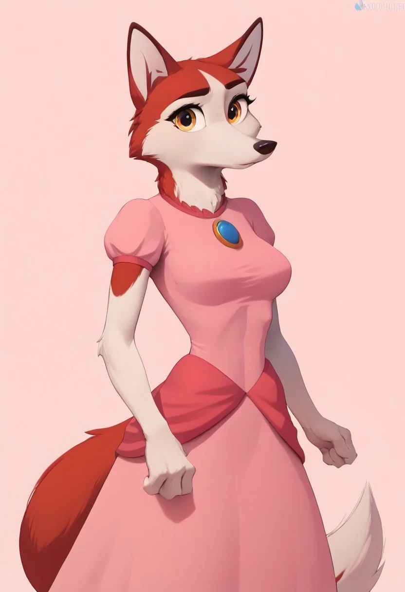anthro furry female Jenna,canine,by Cooliehigh,medium breast, solo, portrait,good hand, four fingers,((p34ch3s-dress,pink dress)),((pink clothes)),(red fur),abstract background, elegant background,standing,skinny, looking at viewer, fur body,realistic style, complex background,milf,sexy pose,canine tail,orange eyes,big eyes,cartoon eyes,score_9,score_8,score_7,score_8_up,score_7_up,score_6_up,