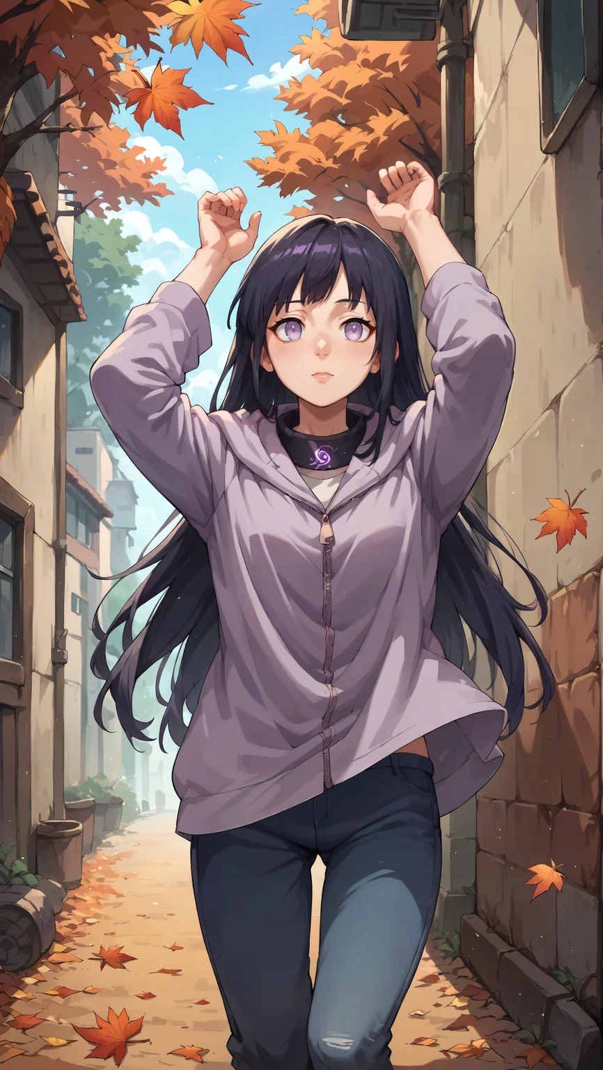 score_9,score_8_up,score_7_up,score_6_up, source_anime, zPDXL, girl, long hair, black hair, purple eyes, empty eyes, purple hooded jacket, headband around neck, konohagakure symbol, blue pants, <lora:Wakfu_CartoonV02:0.5>, <lora:xl_more_art-full_v1:0.5>, <lora:Hinata Hyuga-000004:0.8>, arms up, autumn forest, autumn leaves, fallen leaves, wind, tree alley,