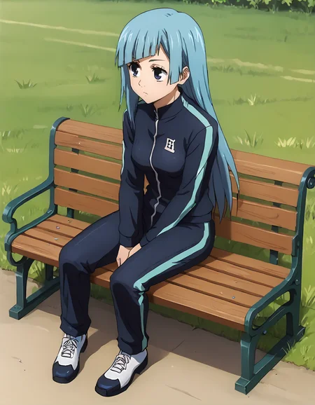 <lora:Miwa_Kasumi:1>, miwa kasumi, tracksuit, full body, sitting, solo, bench