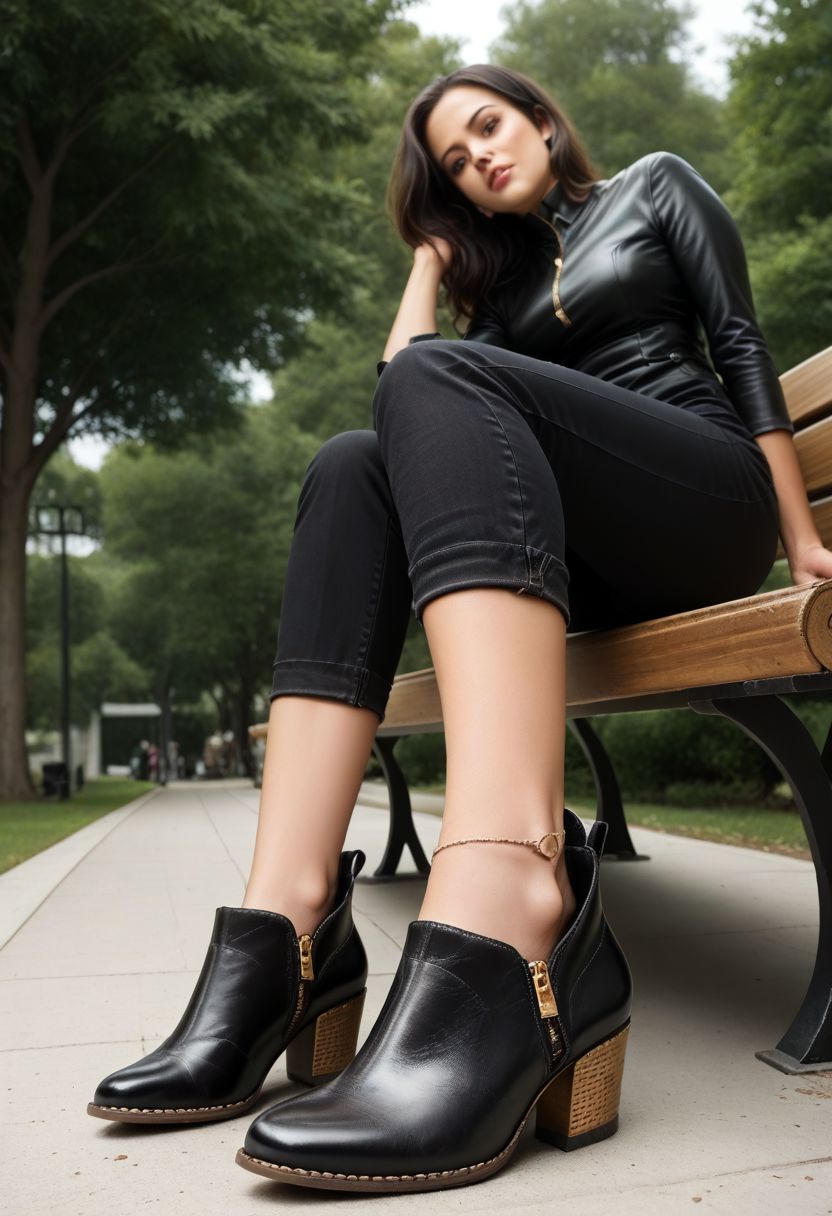 score_9, score_8_up, score_8_up, zPDXL2,
1girl, black girl, sitting on bench, park, elegant outfit, trousers, detailed face, from below, 
(black booties), (ankle booties:1.5)