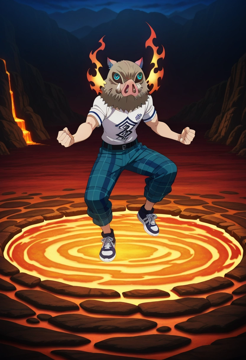 masterpiece, best quality, , anime screencap, anime coloring, official style, , 1boy, solo, male focus, <lora:inosuke_hashibira_ilxl:1>, inosuke_hashibira, , boar mask, fiery chasm, flame-lit bridges, lava pools, ash clouds, leaping pose, daring expression, intense heat, BlazingYellow Denim Patchwork Plaid trousers, NavyBlue Terry cloth Marble Linen Henley shirt, Chukka sneakers, , and