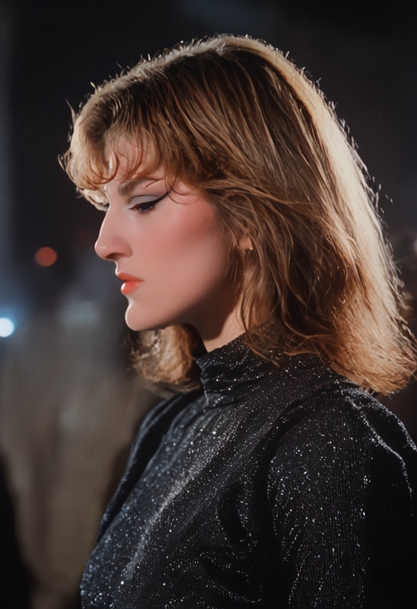 score_9, score_8_up, score_7_up, ar3na1989 detailed, cinematic, profile, side view, focus, bokeh, (portrait), face focused, bignoselady, large nose, aquiline, ((bangs)), (milf, mature), 1girl, mid shot, silver jumpsuit, makeup, eyeliner, eyeshadow, futuristic, blonde hair, bobbed hair, ultra detailed, 8k, skin pores, grain, photograph, retro, 1990s fashion, analog, film, nineties, outside, nighttime, cityscape, (sci-fi aesthetic), ArsMovieStill, movie still from a 60s psychedelic movie
