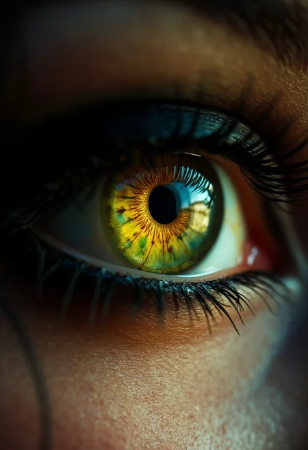 extreme closeup of goth female human eye, blazingly bright yellow iris flecked with green, dark eyeshadow, mascara, black eyeliner, extreme detail, HD32K