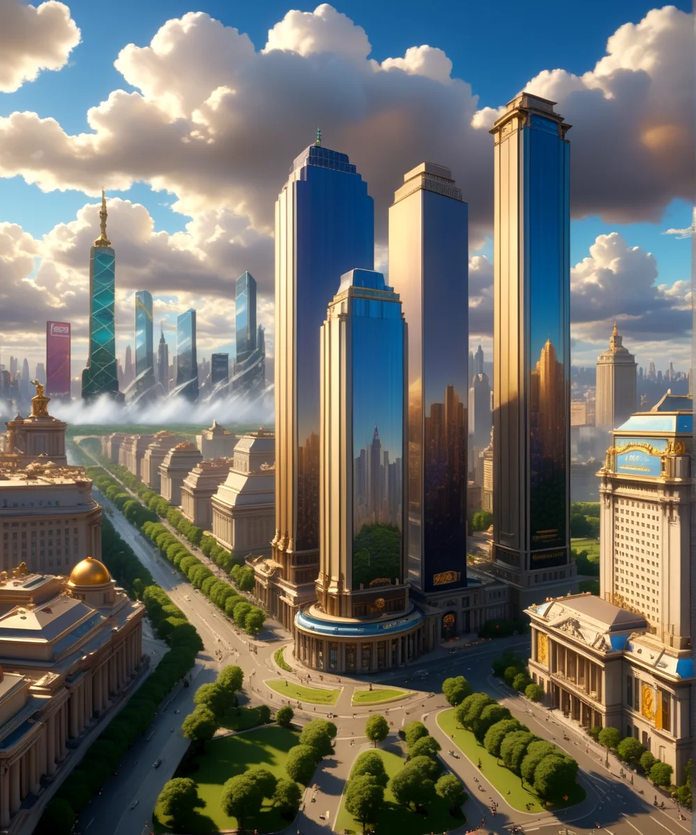 score_9, score_8_up, score_7_up,
<lora:Authoritarian_Architecture_(Architecture)_(SDXL)_(AD):0.8> authoritarian, scenery, building, city, cityscape, architecture, monumental architecture, 
8K, In'ei, chiaroscuro, soft natural volumetric cinematic perfect light, perfect depth of field shot, ray tracing, photometry, beautiful, subsurface scattering, idealized modern city, wide beautiful boulevards, busy city center, parks and manicured lawn areas, large parks, plazas, skyscrapers, hyper detailed, art by Thomas Kinkade, detailed background, detailed photographic fluffy anime clouds, Unreal Engine, CGI render, absurdly detailed, modern era photograph, masterclass oil painting, 
BREAK zPDXL, zPDXLxxx, <lora:wowifierXL:0.2> art by mooncryptowow <lora:sdxl_lightning_8step_lora:0.4> <lora:detailed_notrigger:0.5>