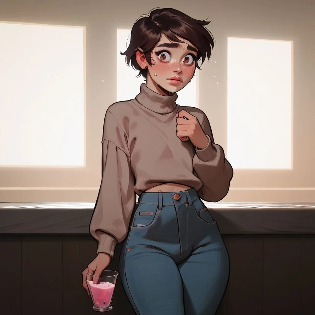 score_9, score_8_up, score_7_up, score_6_up, score_5_up, cute (thin), skinny, short, 20yo slutty femboy twink wife, flat chest, sweating, bubble butt, large butt, boywife, petite, nervous, trans, marco diaz, (brunette hair),(wide hips:1.2), brown eyes, skinny jeans, baggy brown sweater, holding a pink martini, in a bar, semi realistic, hyperdetailed, hyperrealistic, intricate details, naturalism, mood lighting, cinematic lighting, volumetric lighting,